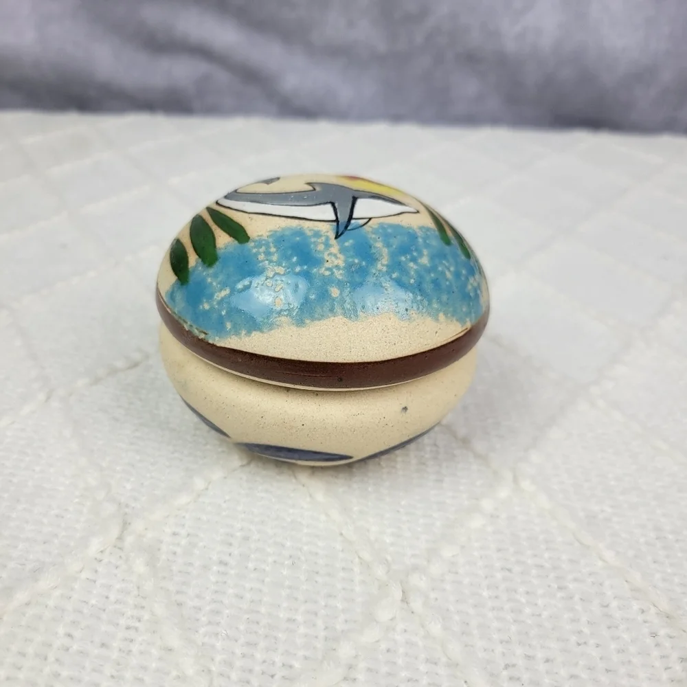 Puerto Vallarta Hand Painted Pottery Trinket Dish Dolphin Mexico‎